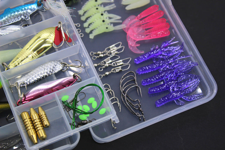Sheila Merchandise beginner fishing kit with assorted colorful lures hooks and fishing accessories in a clear tackle box
