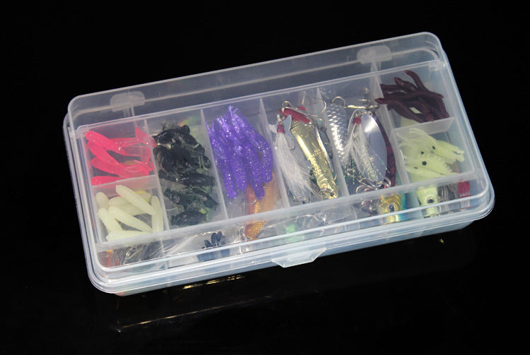 Sheila Merchandise beginner fishing kit with assorted colorful soft lures and shiny metal spoons in a clear plastic organizer