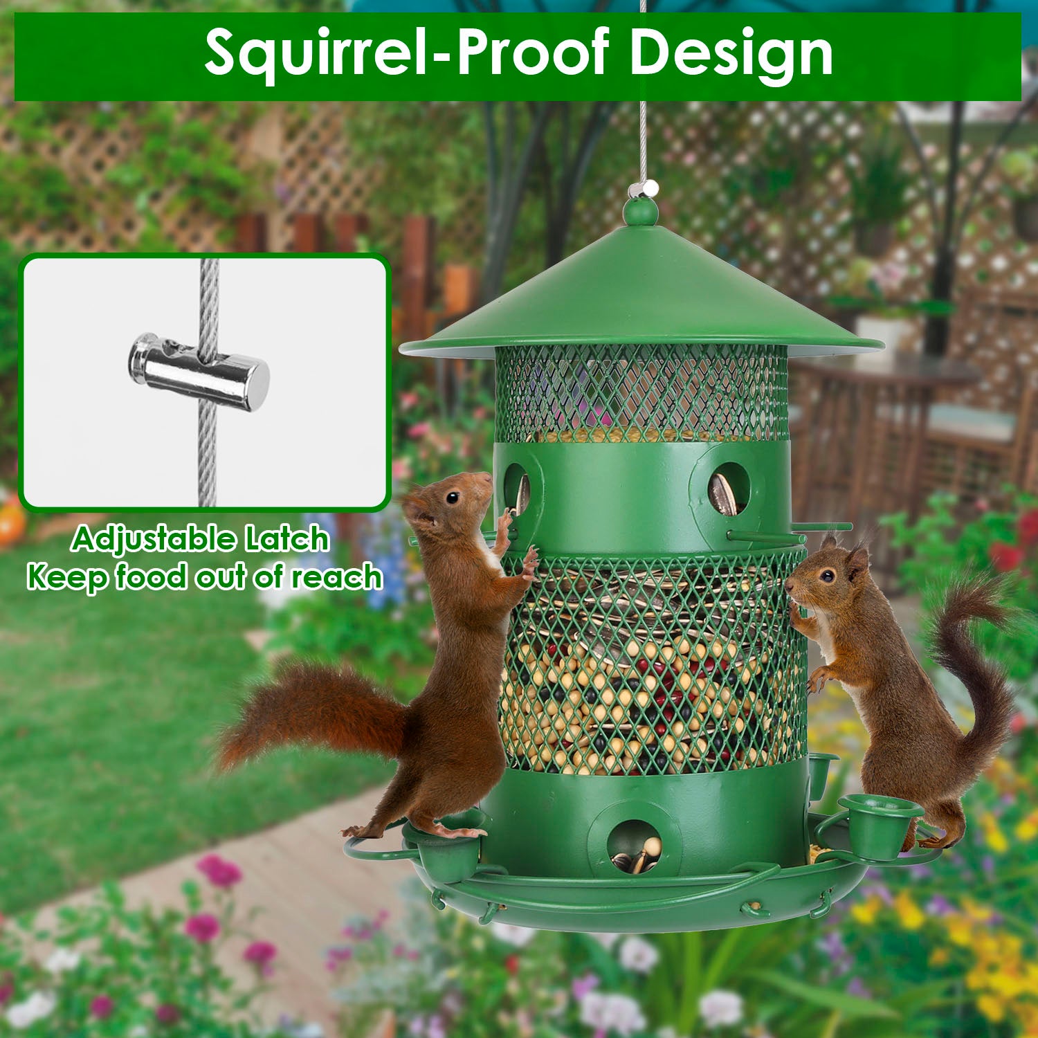 3-Tier Squirrel-Proof Metal Wild Bird Feeder – 360° Perches & Water Cups, Outdoor Hanging