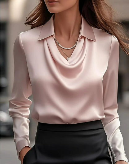 Women's Elegant Solid Satin Blouse with Draped Swing Collar