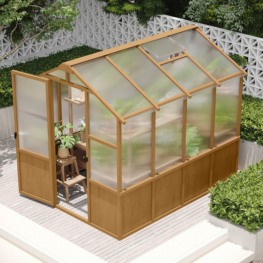 6x8 FT Greenhouse, Wooden Walk-in Greenhouse For Outdoors With 6MM Thick Polycarbonate Panel And Adjustable Roof Vents, Garden Backyard, Patio, Lawn, Wood Colour