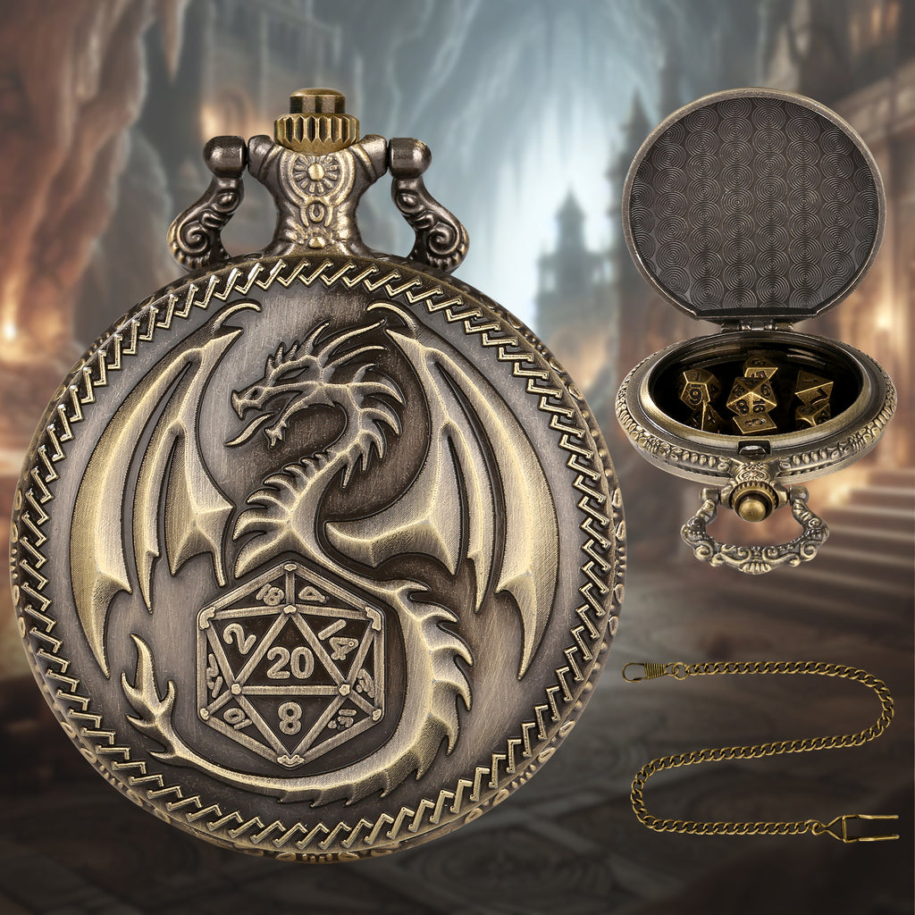 Retro Pocket Watch & 7-Piece DND Metal Dice Set – RPG Gift Bundle