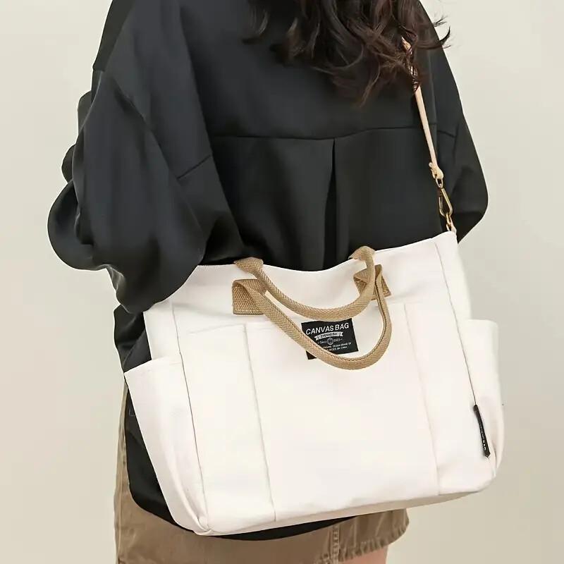 Sheila Merchandise white multi pocket shoulder bag with canvas material and beige handles