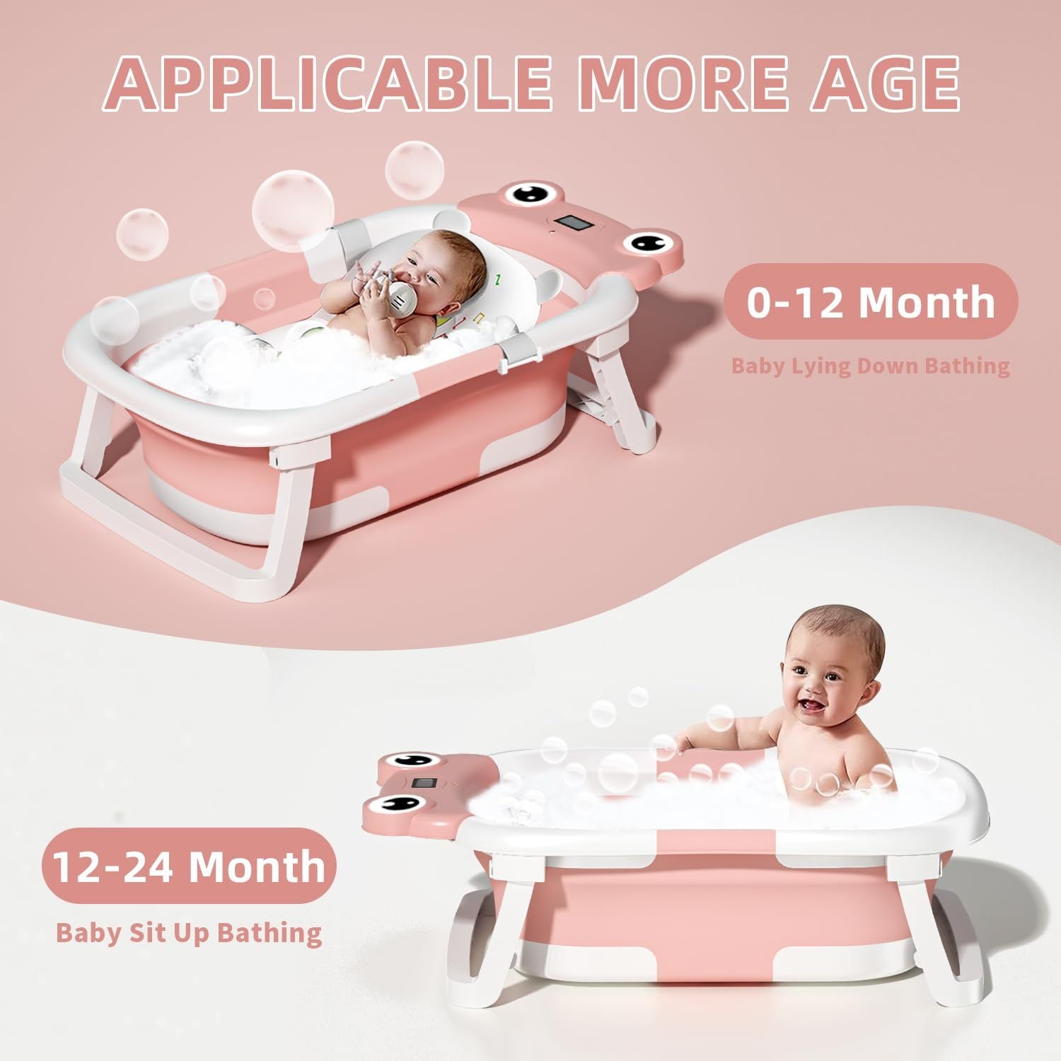 Baby Bathtub , Foldable Baby Bath Tub With Soft Floating Cushion & Thermometer , Collapsible