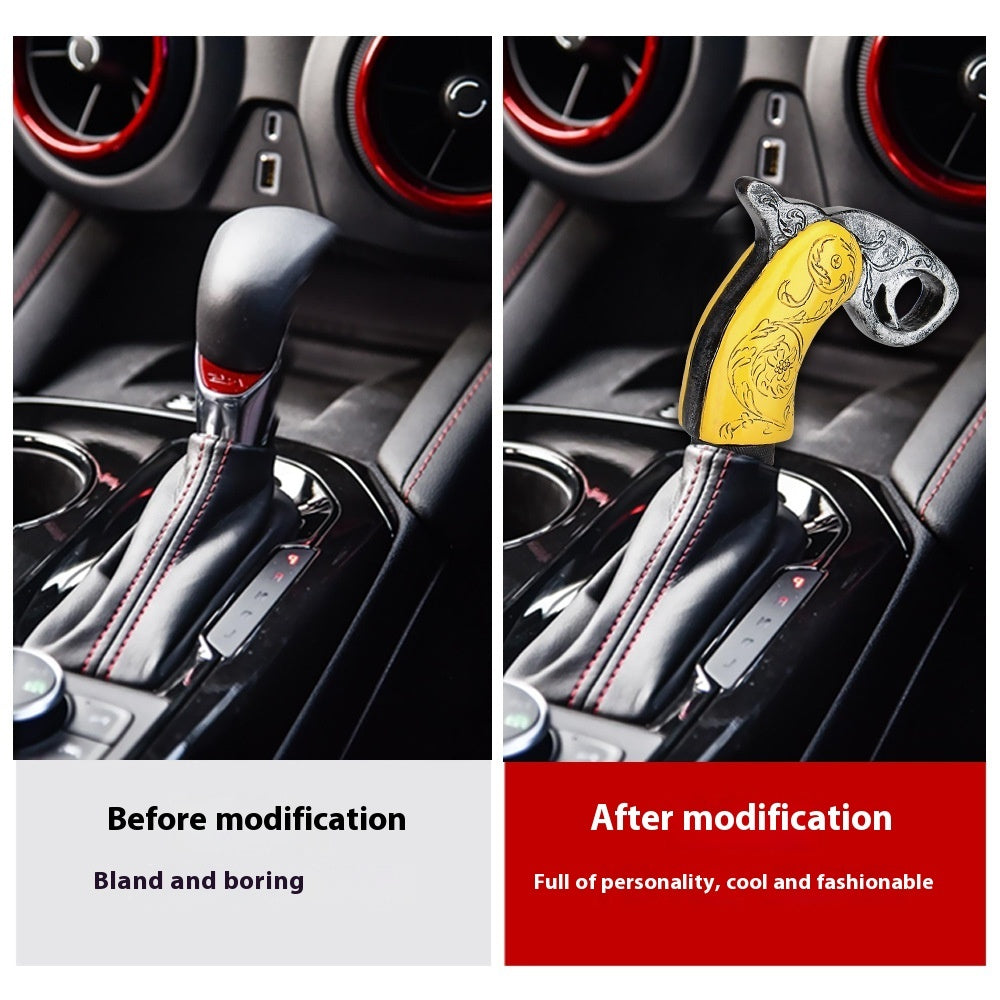 Custom resin gear shift knob displayed in car, showcasing a stylish and unique modification