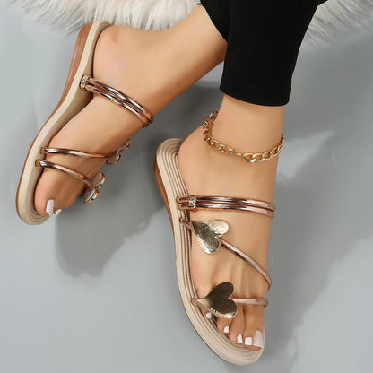 Heart shape summer sandals by Sheila Merchandise featuring cute beach flats for women in metallic rose gold
