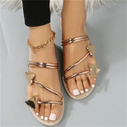 Heart shape summer sandals from Sheila Merchandise featuring cute beach flats for women with metallic straps