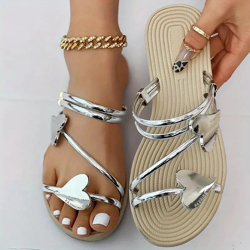 Silver heart shape summer sandals by Sheila Merchandise cute beach flats for women with ankle bracelet