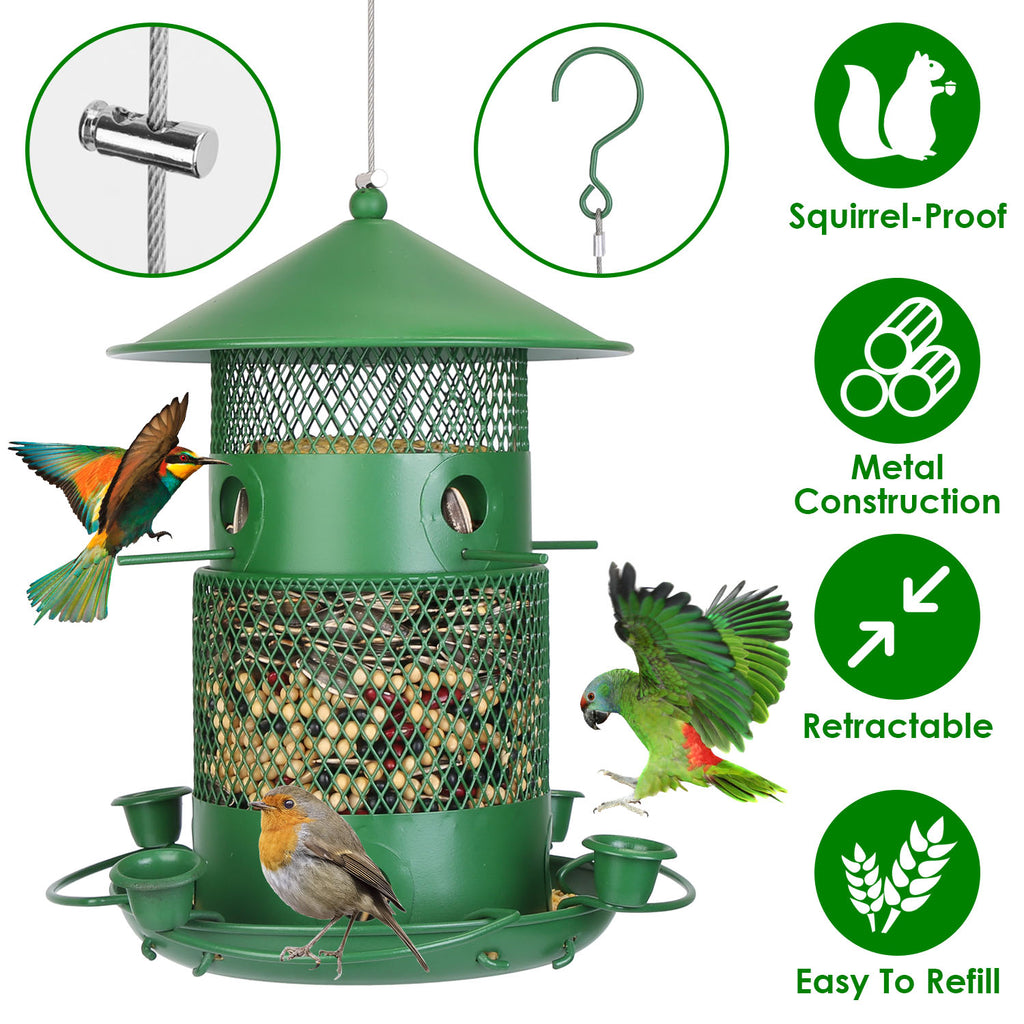 3-Tier Squirrel-Proof Metal Wild Bird Feeder – 360° Perches & Water Cups, Outdoor Hanging
