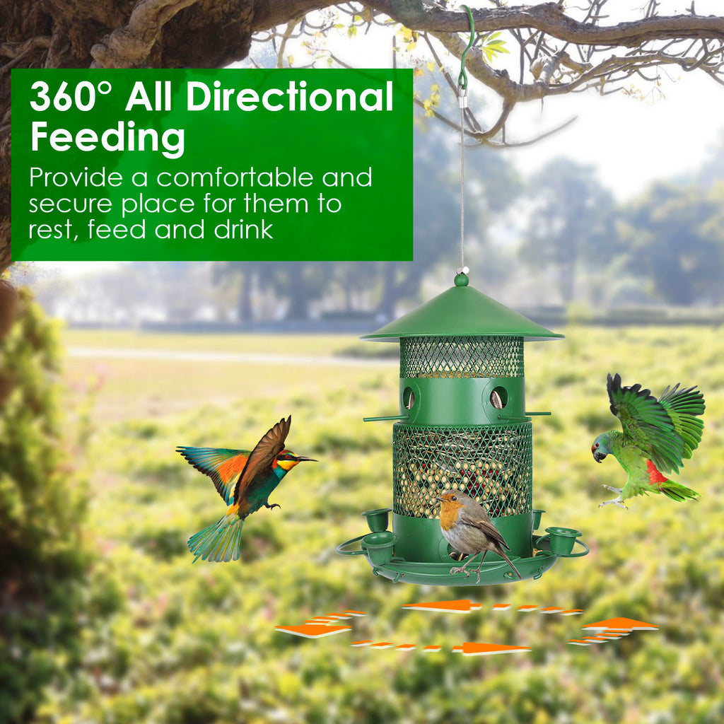 3-Tier Squirrel-Proof Metal Wild Bird Feeder – 360° Perches & Water Cups, Outdoor Hanging