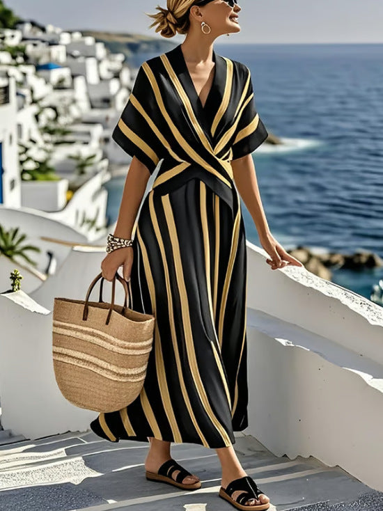 Women's Striped Boho Maxi Dress – V-Neck Short Sleeve A-Line Beach Dress
