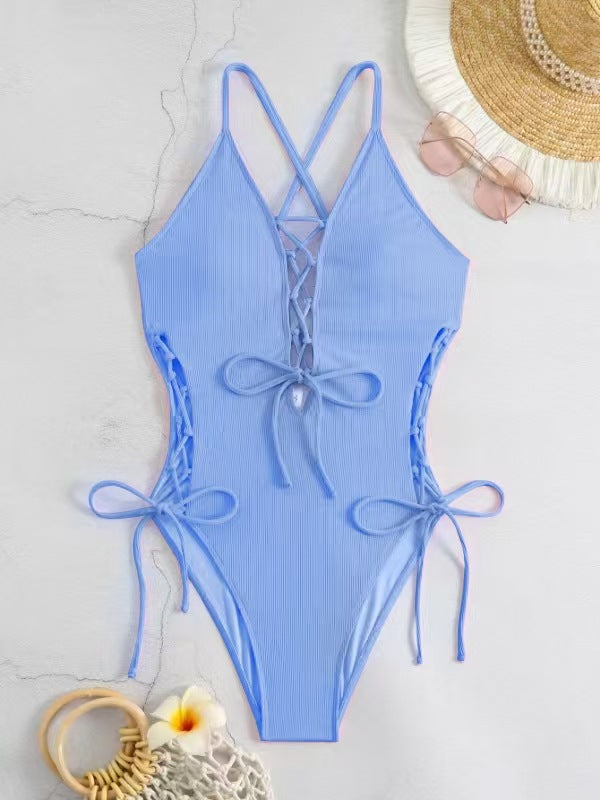 Women's Backless One-Piece Swimsuit – Solid Color Sleeveless Bathing Suit
