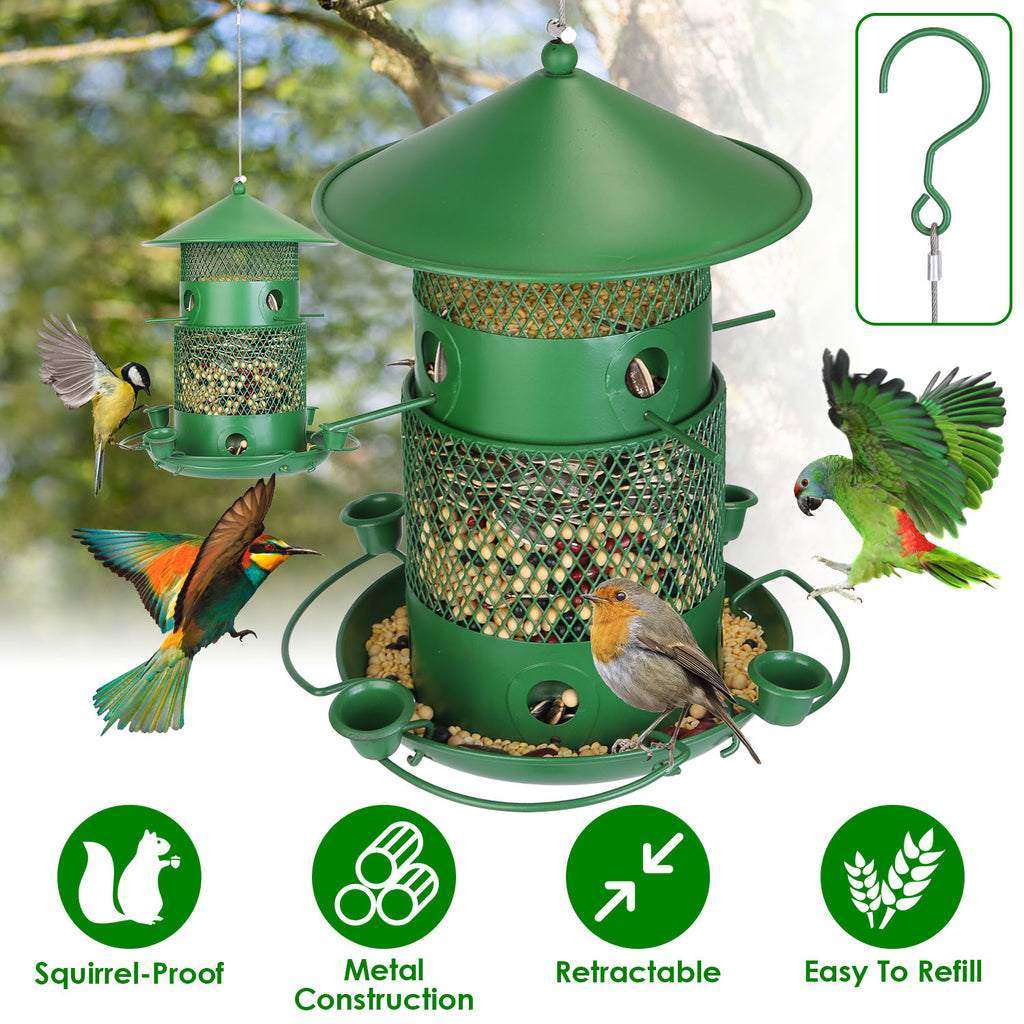 3-Tier Squirrel-Proof Metal Wild Bird Feeder – 360° Perches & Water Cups, Outdoor Hanging
