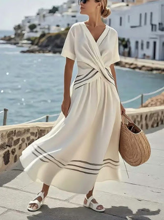 Women's Striped Boho Maxi Dress – V-Neck Short Sleeve A-Line Beach Dress