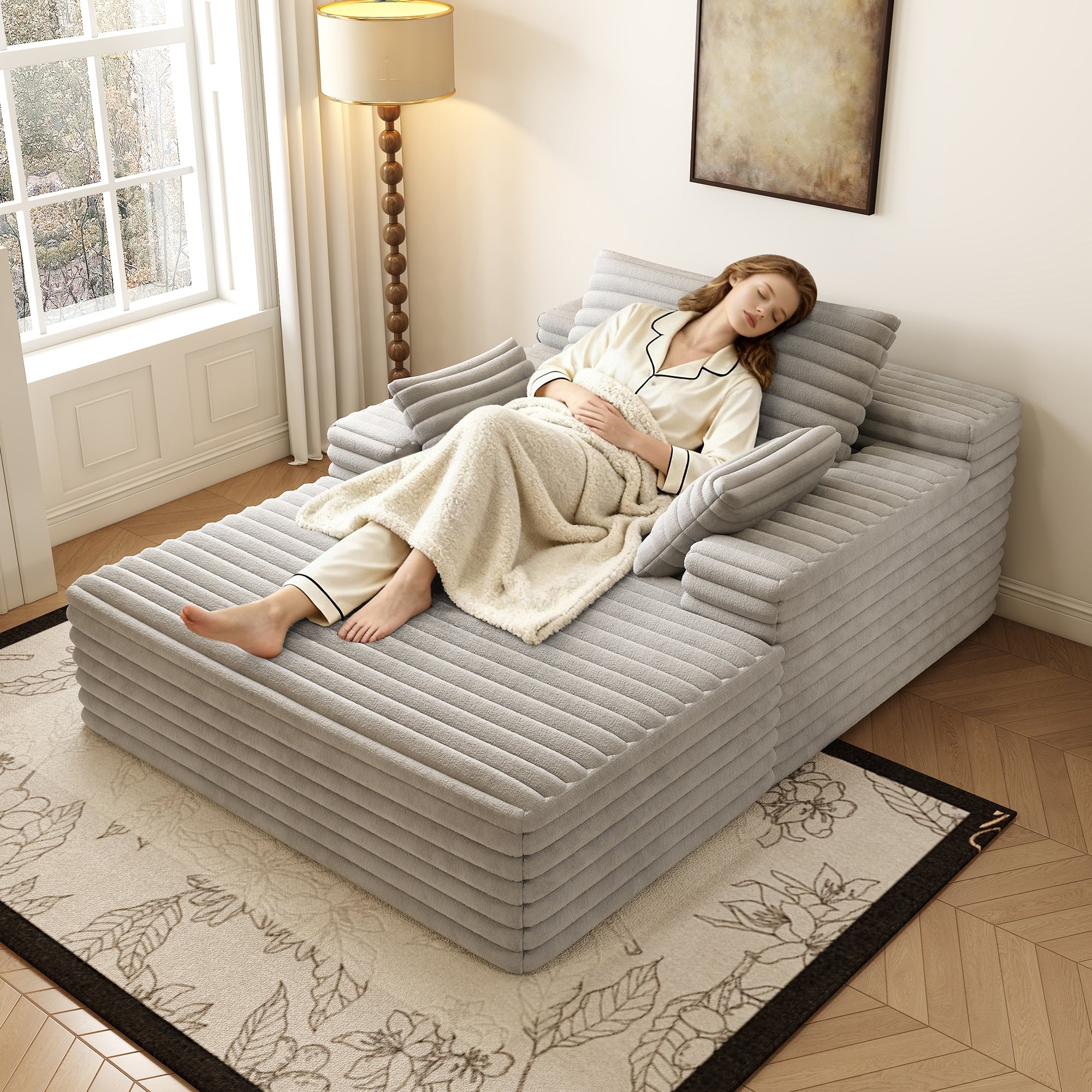 Oversized Chaise Lounge Chair – Fluffy Corduroy Cloud Sofa, Grey