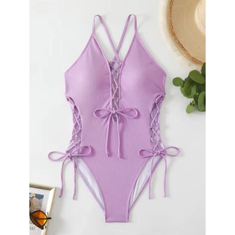 Women's Backless One-Piece Swimsuit – Solid Color Sleeveless Bathing Suit
