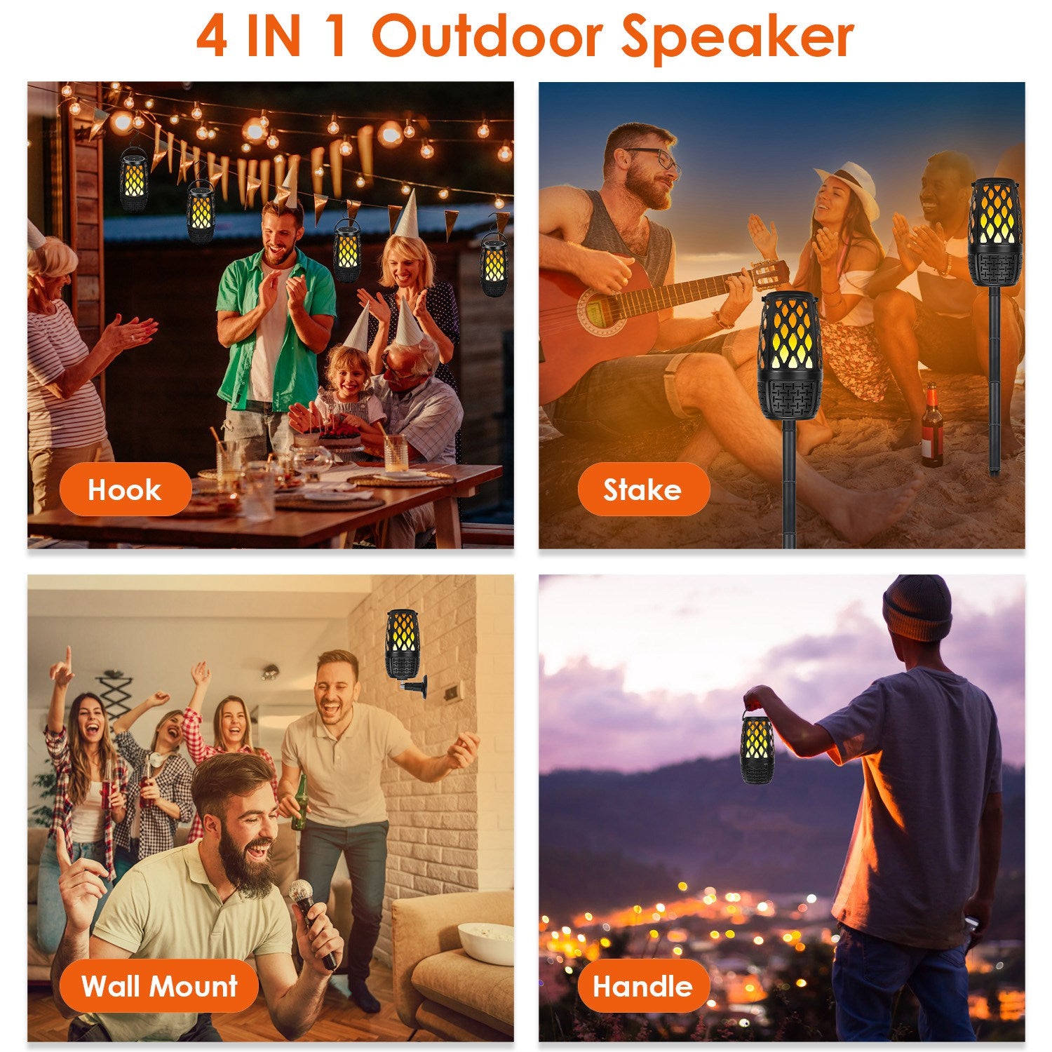 4-in-1 Wireless Bluetooth 5.3 Outdoor LED Flame Speaker – IPX5 Waterproof, Patio & Garden Speaker with 3 Flame Light Modes, Hook, Stake & Wall Mount, Sync Up to 100 Speakers