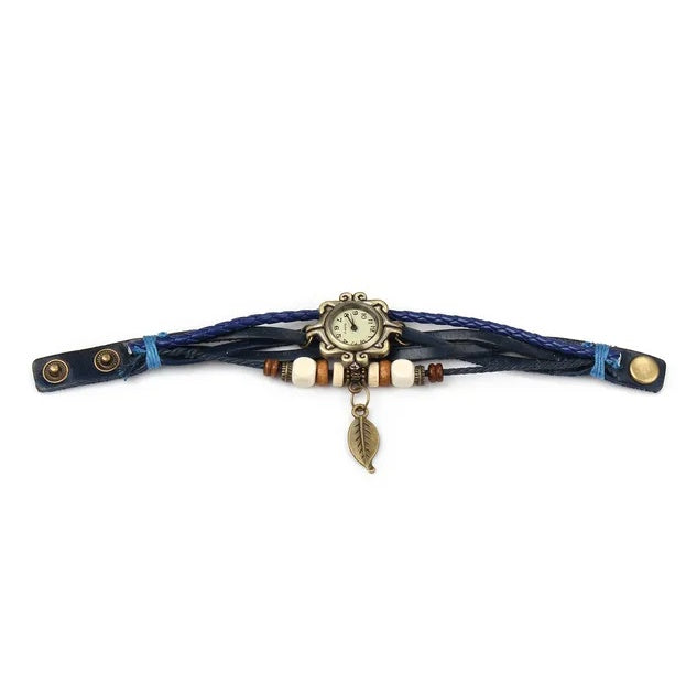 Women's Bohemian Leather Leaf Bracelet Watch – Handwoven Quartz Watch in Blue