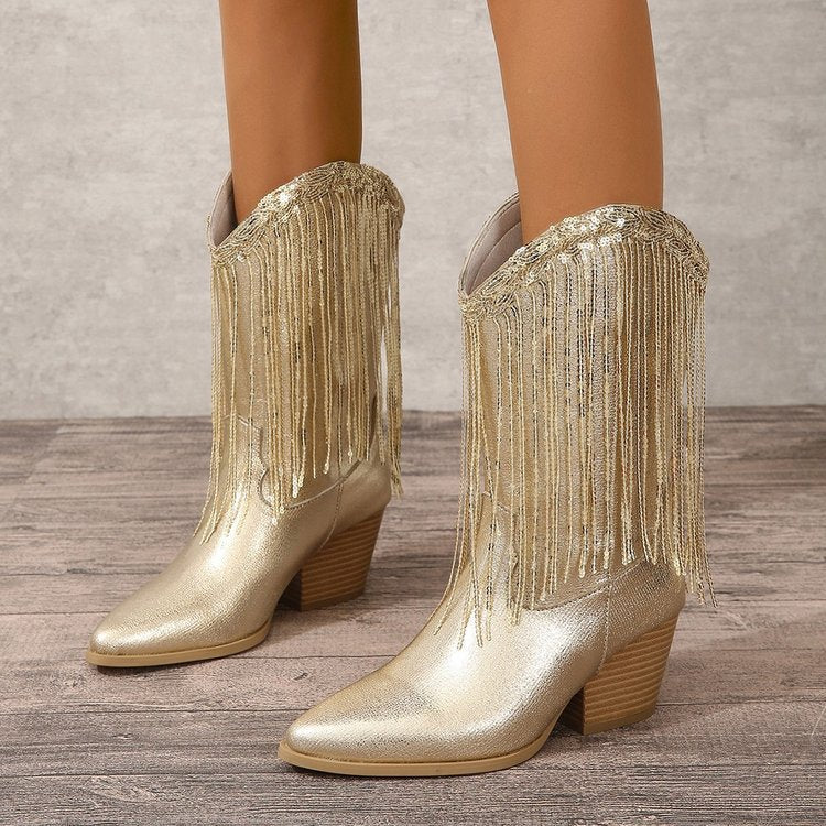 European & American Retro Western Boots for Women — Chunky Heel, Pleated Design, Mid-Fashion Knight Style