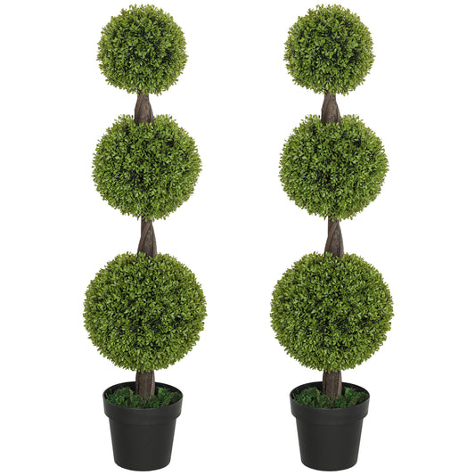 Set Of 2 Artificial Ball Boxwood Topiary Trees, Fake Plants In Pots For Indoor Outdoor Living Room, Green