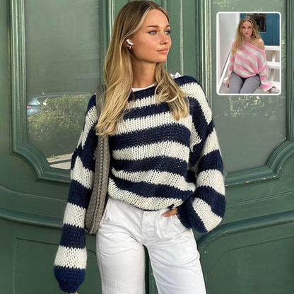 Women's Loose Striped Pullover Sweater, Long Sleeve Knit Top