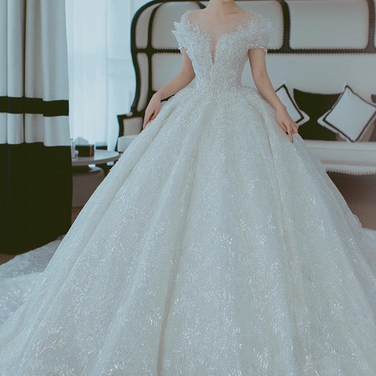 Off-Shoulder French Lace Wedding Dress - Romantic Bridal Gown with Elegant Sleeves