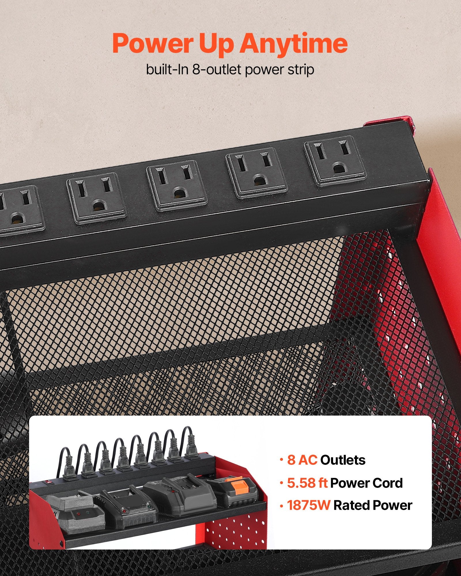 Power Tool Organizer with Charging Station - 3-Tier Wall Mount Rack with 8-Outlet Power Strip, 100 lbs Capacity