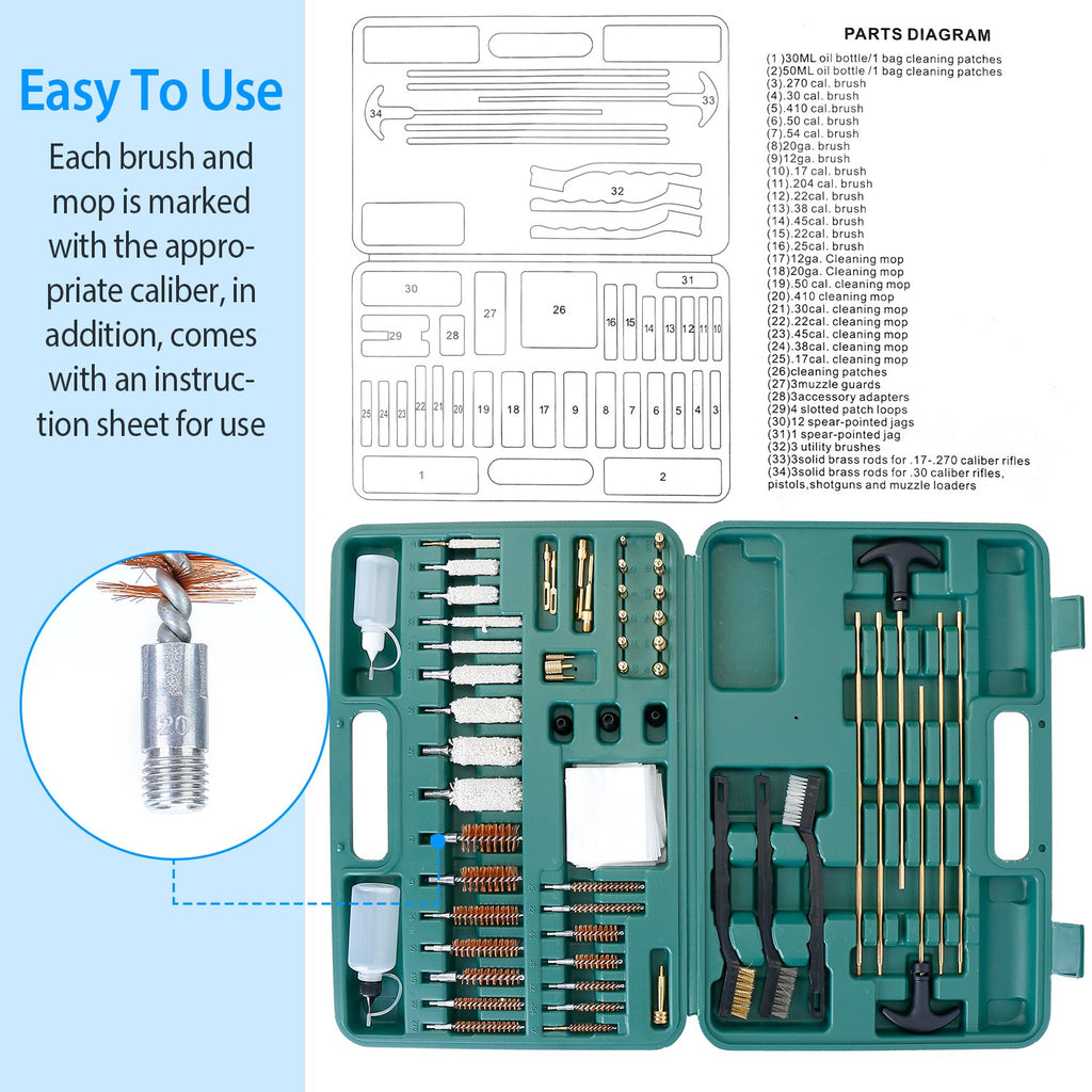 Universal Gun Cleaning Kit - Complete 100+ Piece Set with Case for Rifles, Pistols & Shotguns