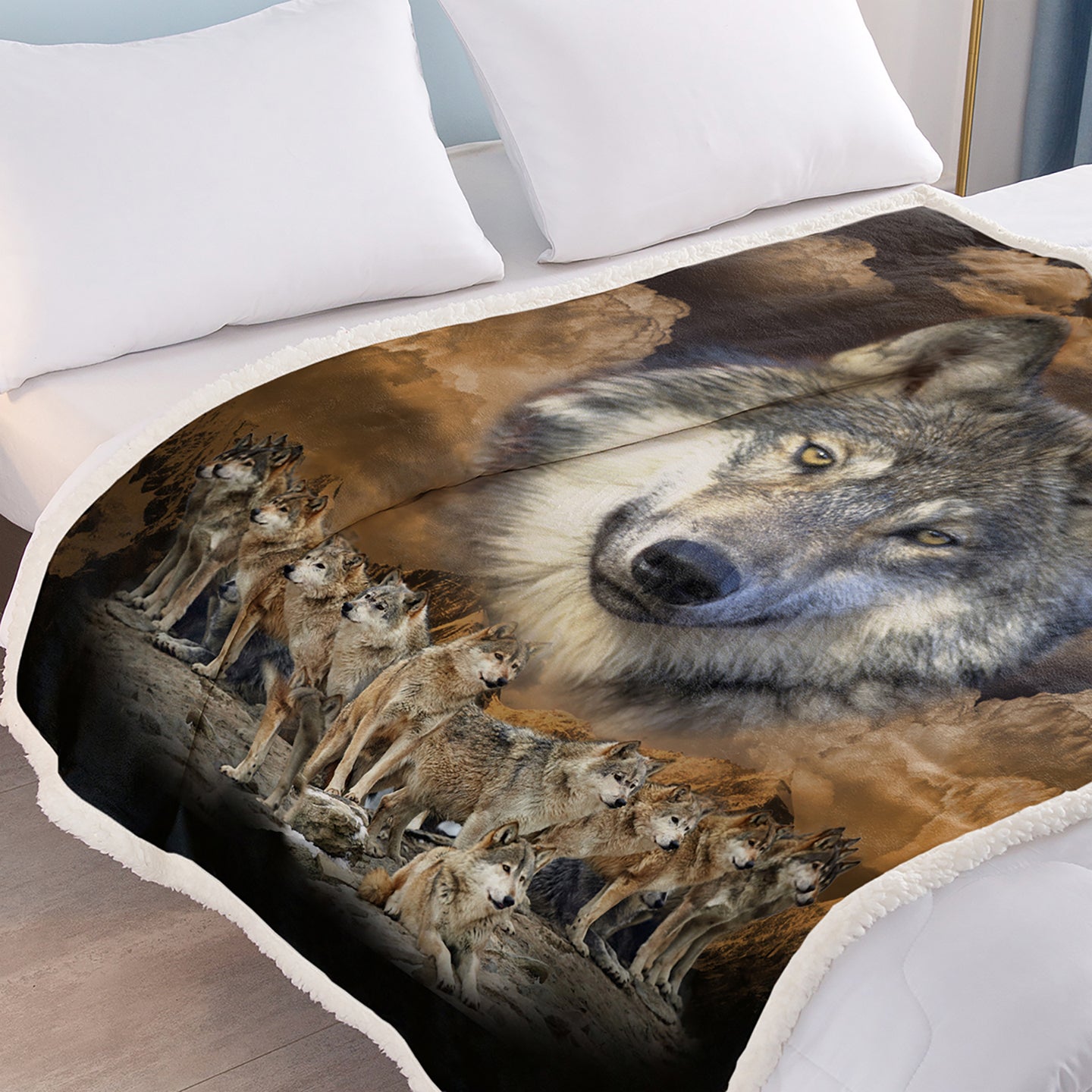 Indian Wolf Sherpa Fleece Blanket | Native American Design | 50x60 & 60x80 Inch