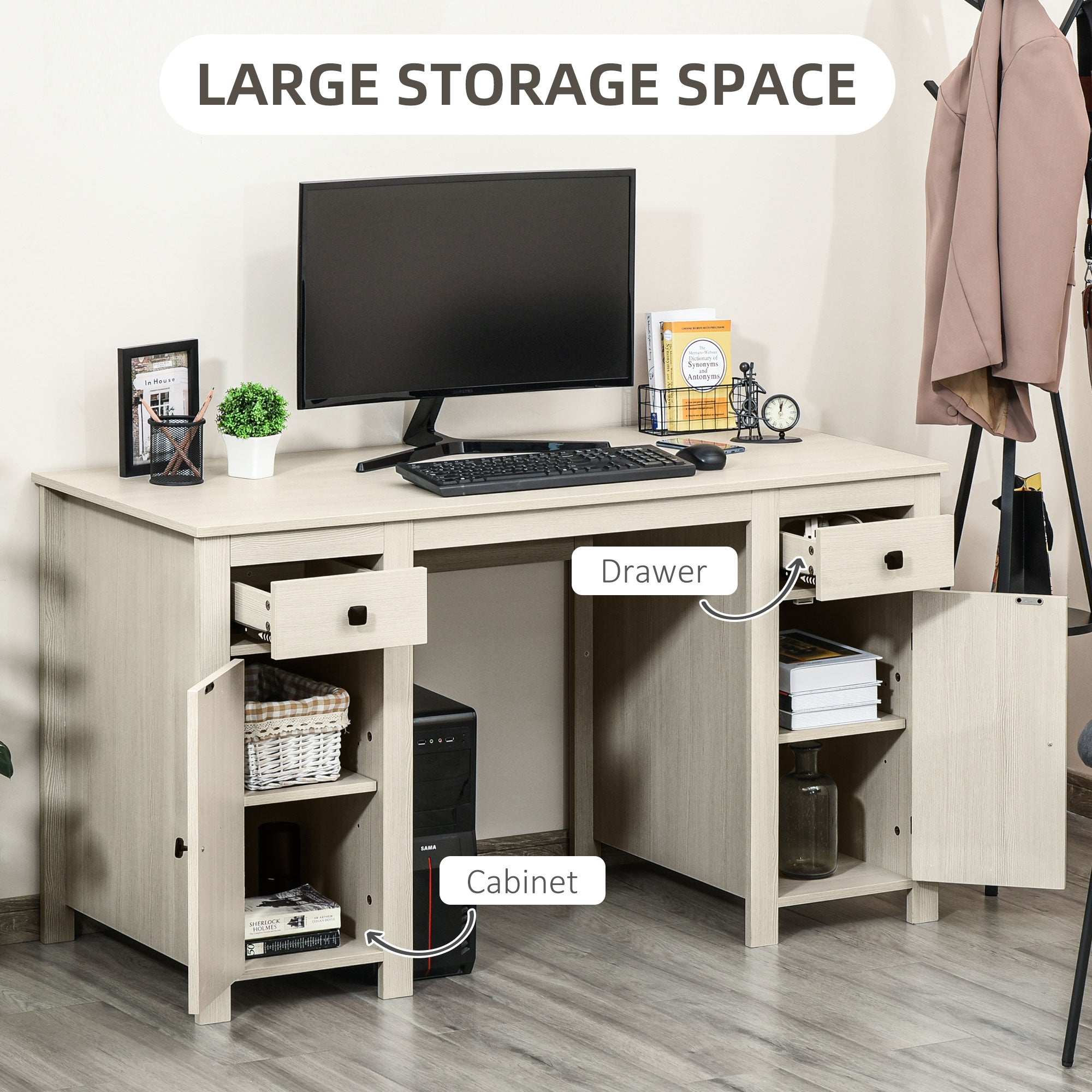 Farmhouse Computer Desk with Storage, Home Office Desk with 2 Drawers and 2 Cabinets, Cream White