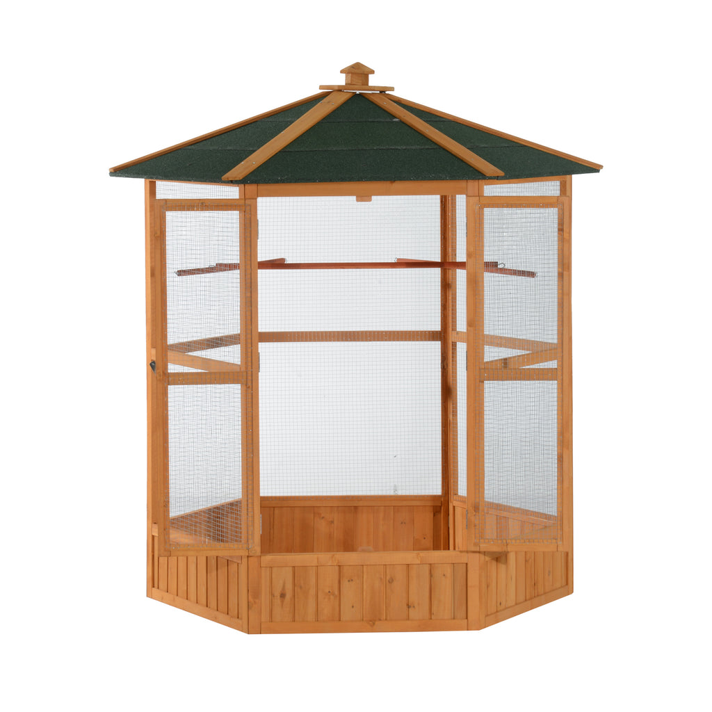 Large Wooden Bird Aviary – Hexagonal Outdoor Flight Cage with Covered Roof