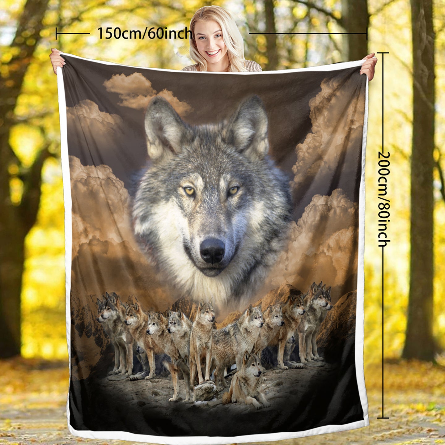 Indian Wolf Sherpa Fleece Blanket | Native American Design | 50x60 & 60x80 Inch