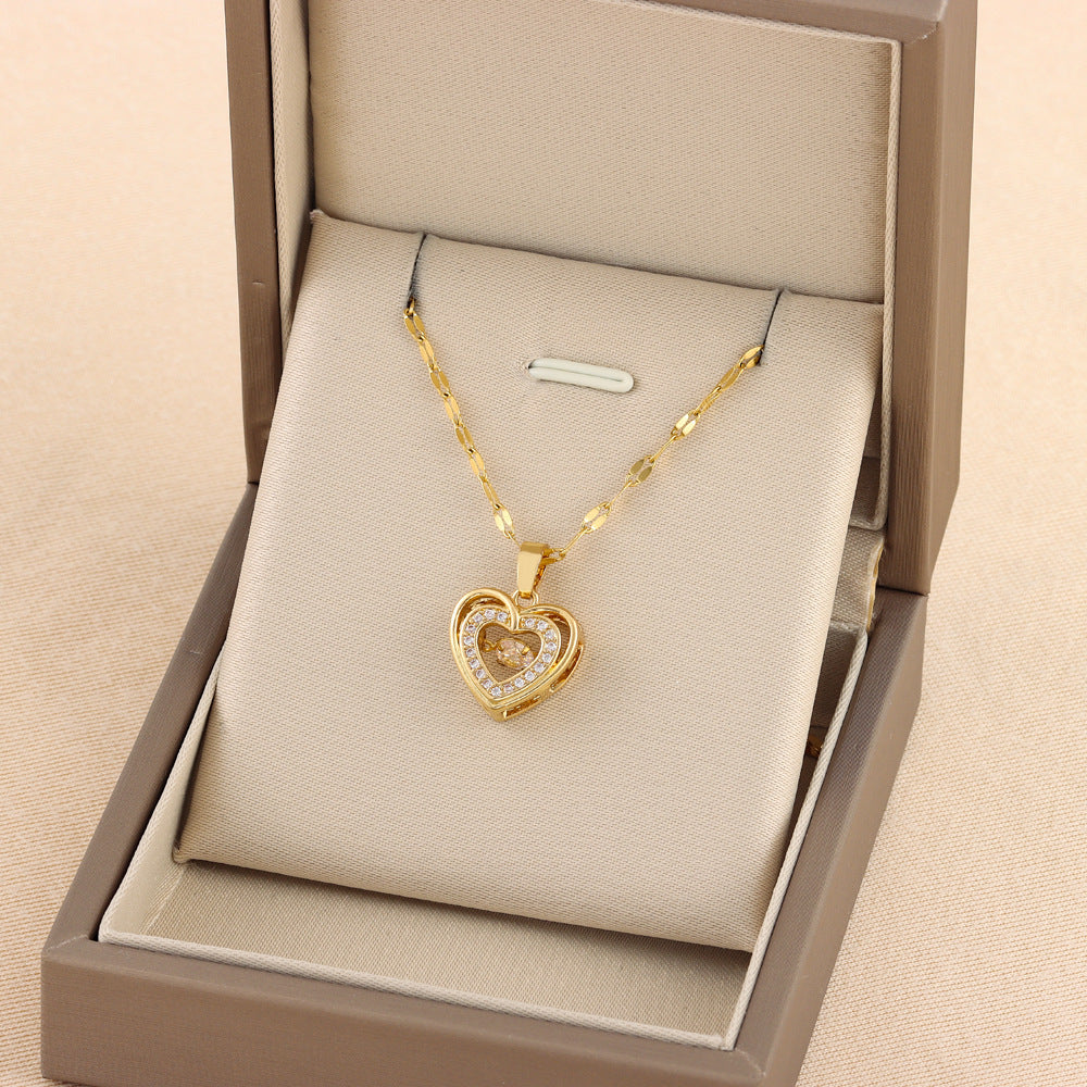 Rhinestone-Embellished Titanium Steel Love Necklace.