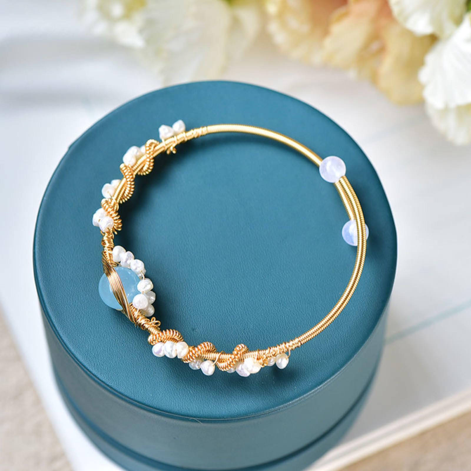 Vintage Pearl Cuff Bracelet – Gold Wire Wrapped Multi-Strand Women's Bangle