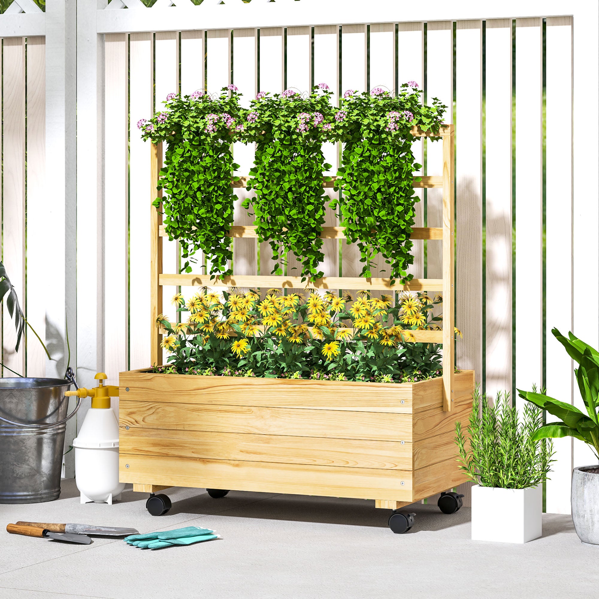Raised Garden Bed with Trellis - Elevated Planter on Wheels