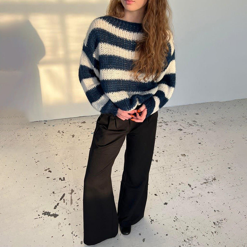 Women's Loose Striped Pullover Sweater, Long Sleeve Knit Top