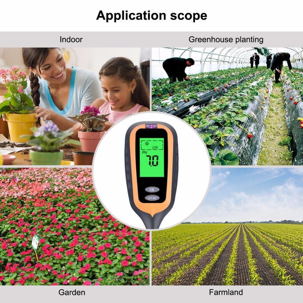 Sheila Merchandise garden soil tester kit with digital display shown for indoor, greenhouse, garden, and farmland use