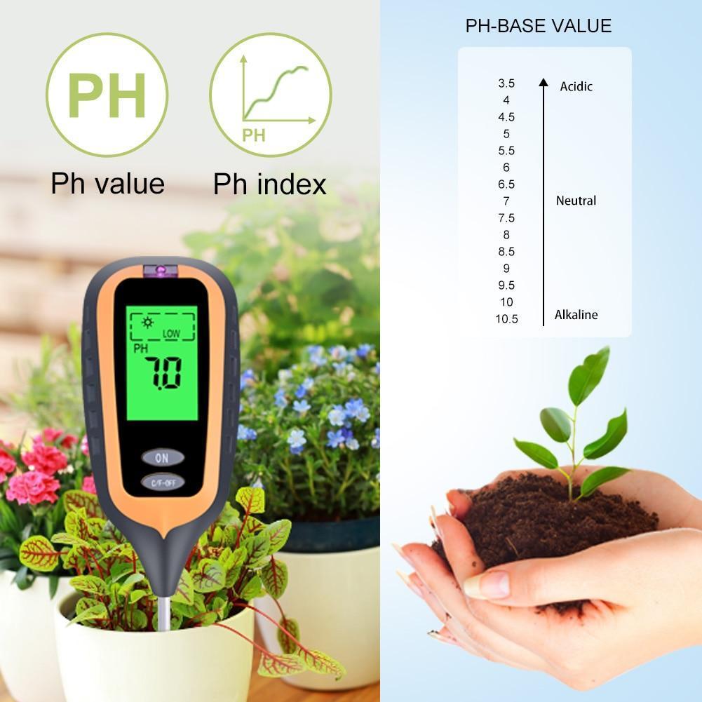 Digital garden soil tester kit measuring pH value in plant soil with display showing neutral pH 7