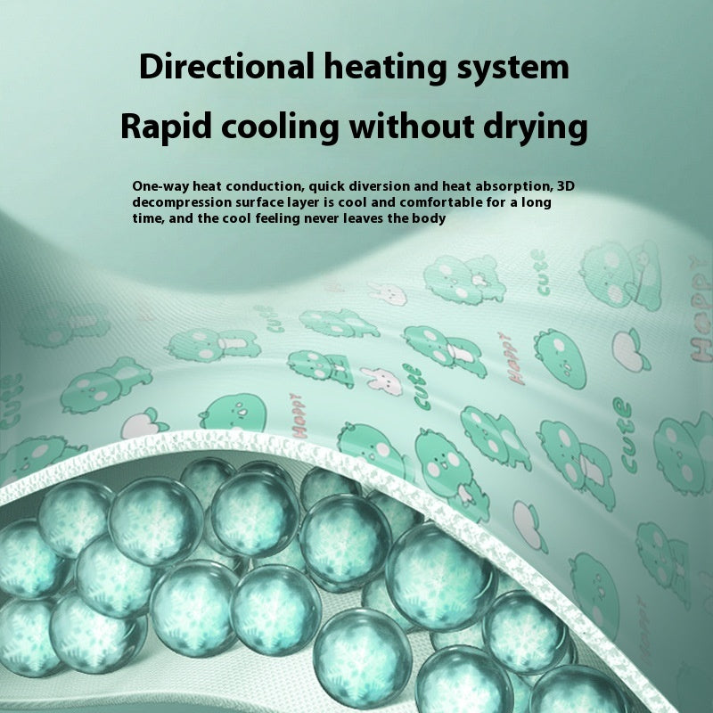 Close-up of dog cooling gel pad showing directional heating system and rapid cooling without drying feature