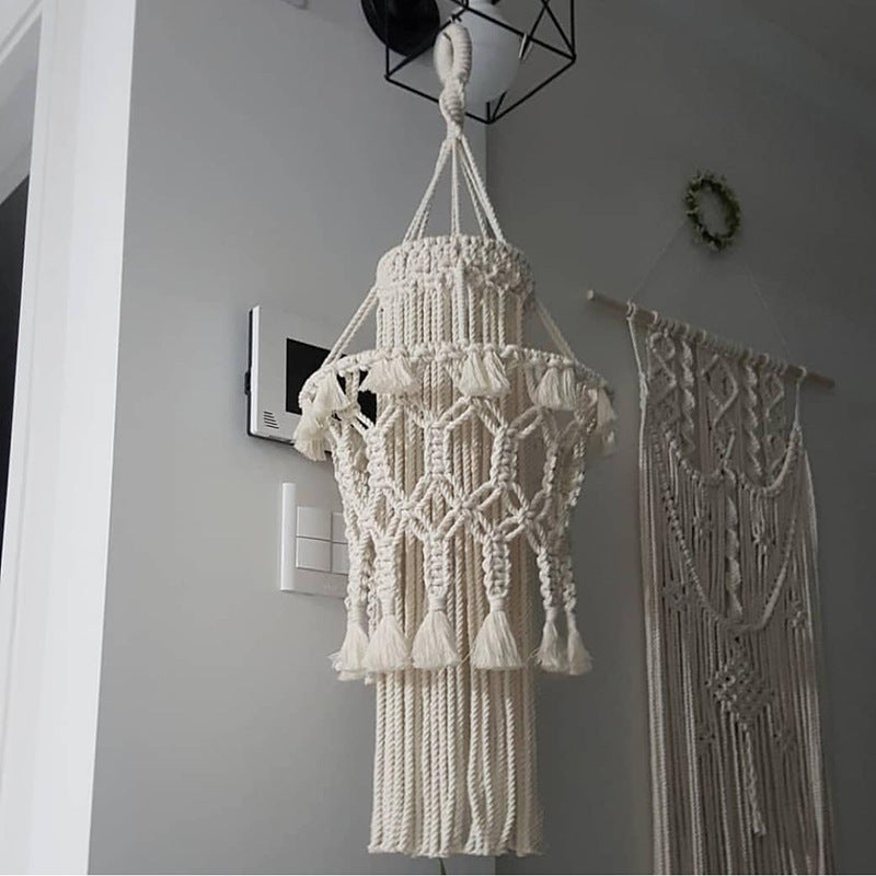 Handmade home lighting decor macrame hanging lamp in white with tassels for cozy interiors
