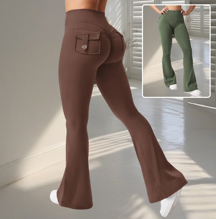 High-waist yoga pants in brown and green with flared legs and stylish pockets for active comfort