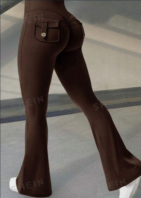 Brown high-waist yoga pants with flared legs and stylish back pocket detailing