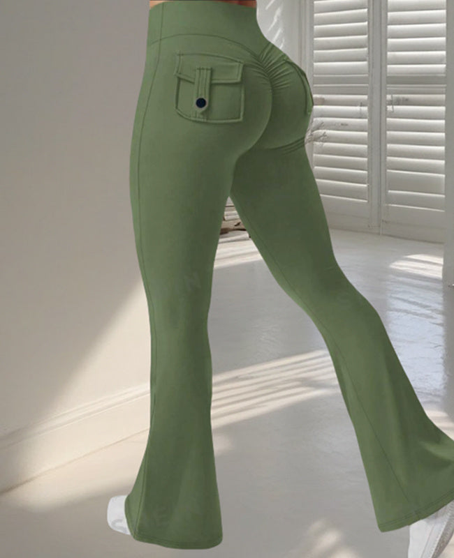 High-waist yoga pants in olive green with flared legs and back pocket design for comfortable movement