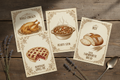 Vintage old-fashioned food recipe cards with classic comfort food illustrations