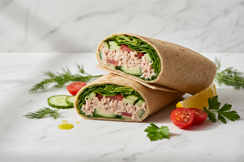 High-protein tuna wrap sliced in half