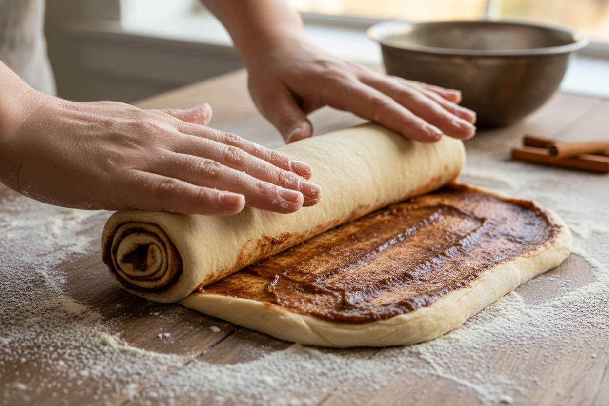 Hands rolling cinnamon filled dough into a log