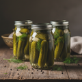 Homemade fermented pickles in mason jars with dill, garlic, and peppercorns in brine