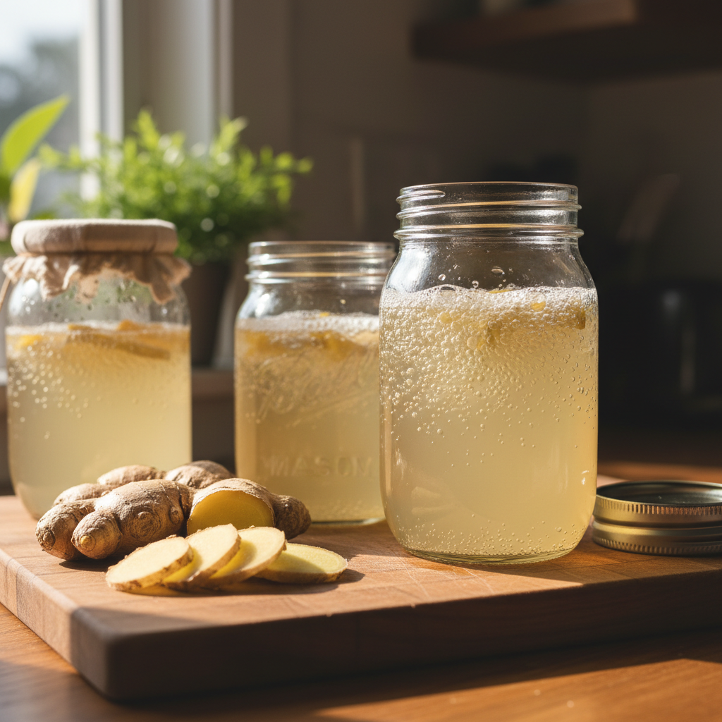Close-up of ginger fermentation jars with bubbles and warm lighting