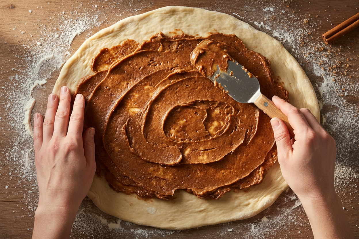 Spreading cinnamon butter filling on rolled-out dough