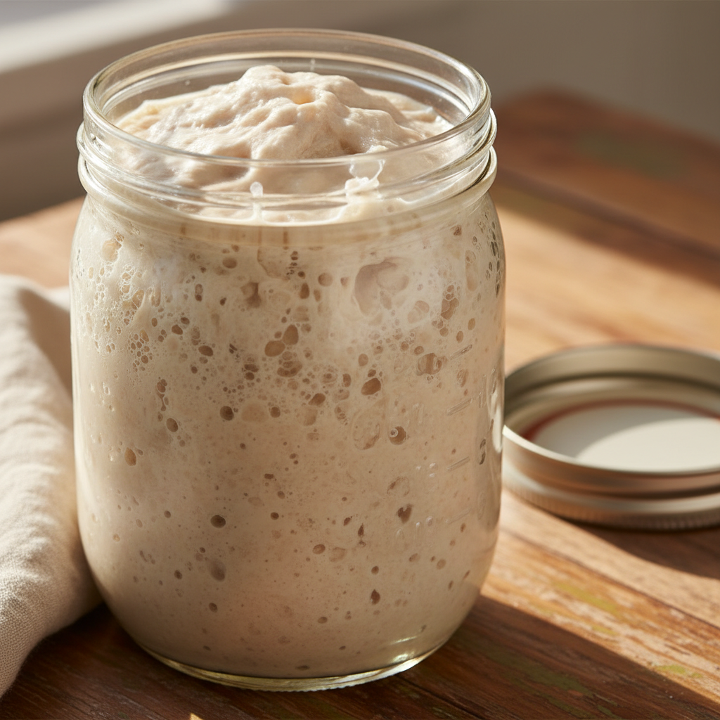 Close-up of bubbly active sourdough starter in a glass jar